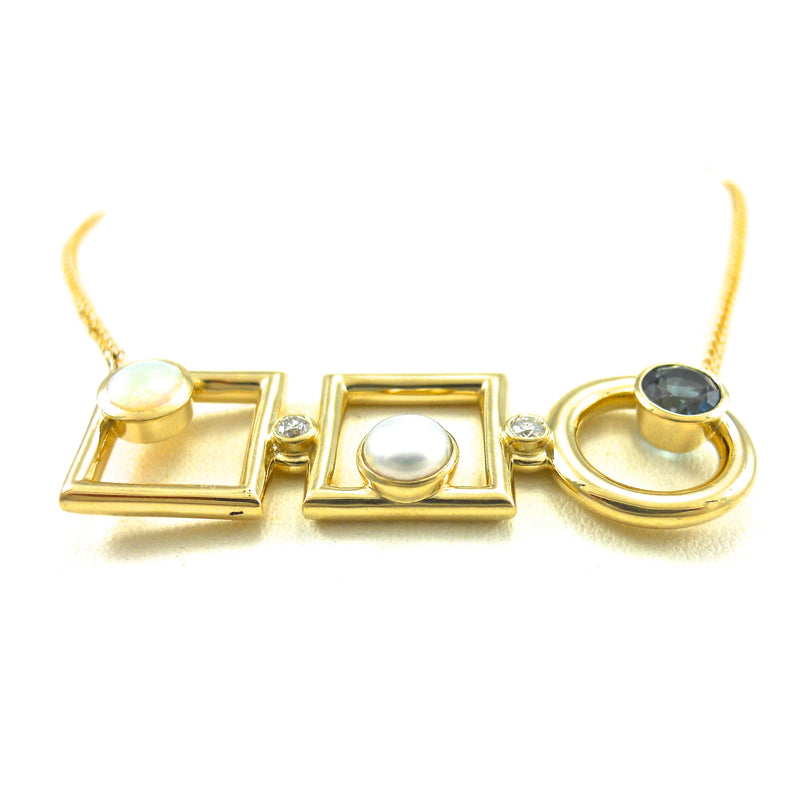 Opal, Pearl, Blue Zircon Necklace in yellow gold