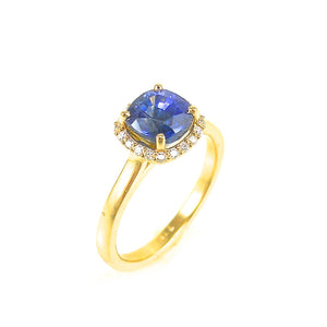 cushion cut Sapphire halo engagement ring yellow gold