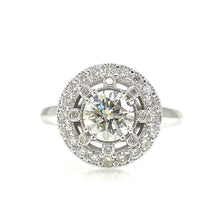 Load image into Gallery viewer, halo engagement ring with a star burst arrangement of diamonds surrounding the center stone