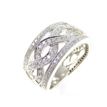 Load image into Gallery viewer, Wide white gold band featuring an open cut twist band design  with diamonds and milgrain detail