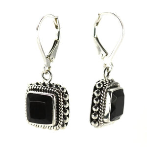 Bali Sterling Silver Faceted Black Onyx Earrings with Granulation and Rope Trim