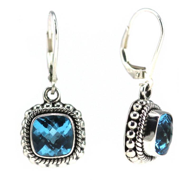 Bali Sterling Silver Faceted Swiss Blue Topaz Earrings with Granulation and Rope Trim