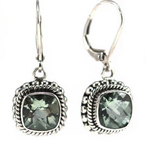 Bali Sterling Silver Faceted Green Amethyst Earrings with Granulation and Rope Trim