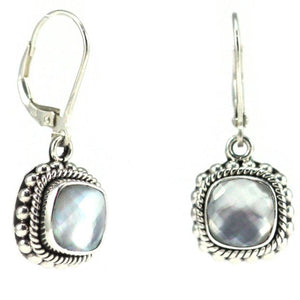 Bali Sterling Silver Faceted Mother of Pearl Earrings with Granulation and Rope Trim