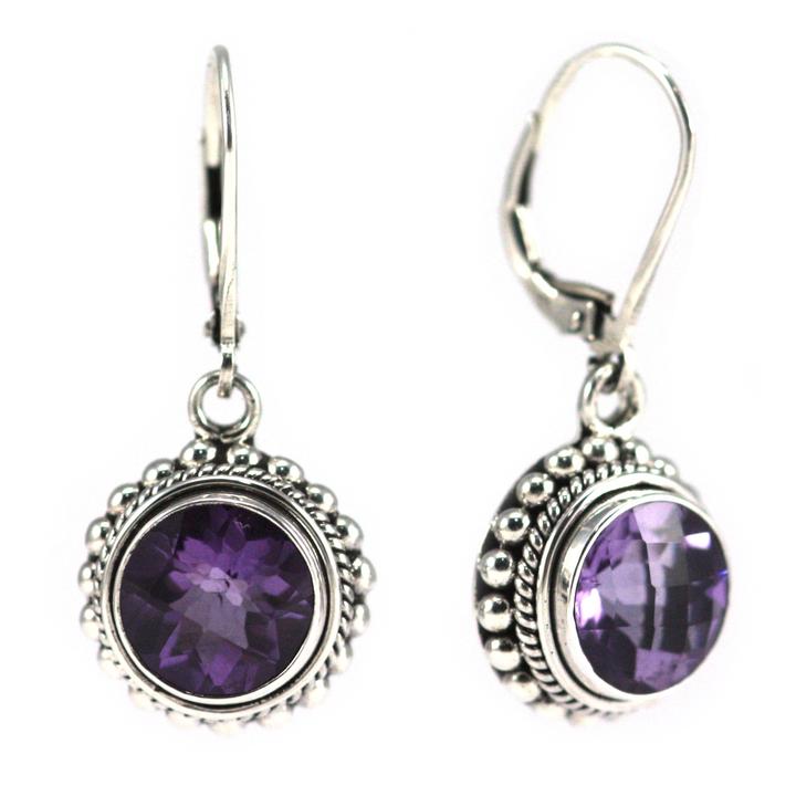 Bali Sterling Silver Faceted Amethyst Earrings with Granulation and Rope Trim