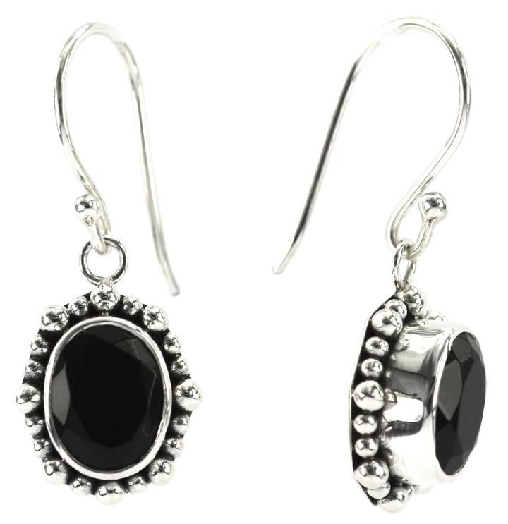 Bali Sterling Silver Faceted Onyx Earrings with Beaded Trim