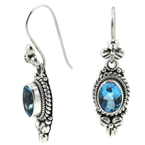 Bali Sterling Silver Swiss Blue Topaz Earrings with Floral Design