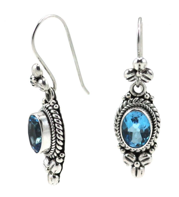 Bali Sterling Silver Swiss Blue Topaz Earrings with Floral Design