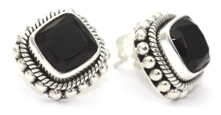 Bali Faceted Black Onyx Stud Earrings with Hand Beaded Rope Trim