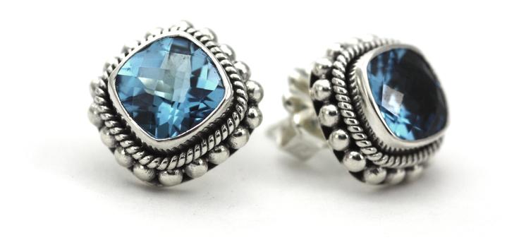 Bali Faceted Blue Topaz Stud Earrings with Hand Beaded Rope Trim