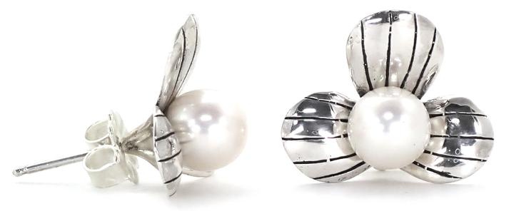 Bali Sterling Silver Pearl Flower Stud Earrings