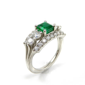 Emerald and Diamond Three Band Ring