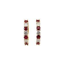 Load image into Gallery viewer, 14k yellow-gold 18 millimeter hoop earrings featuring 1 carat total weight of alternating round brilliant diamonds and rubies