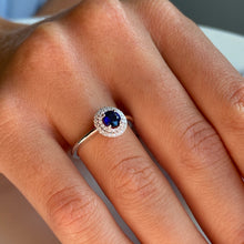 Load image into Gallery viewer, Sapphire and Diamond 14K White Gold Double Halo Ring
