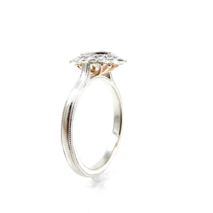 custom scalloped diamond halo with milgrain detailing engagement ring two toned