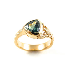 Load image into Gallery viewer, Custom handcrafted blue-green, trillion cut sapphire center stone