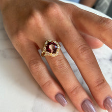 Load image into Gallery viewer, Rhodolite garnet center stone ring with diamond accents in an 18k yellow-gold mounting